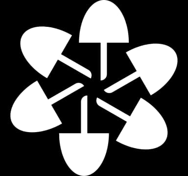 Symbole de cinq pelles blanches disposées en cercle sur fond noir.
